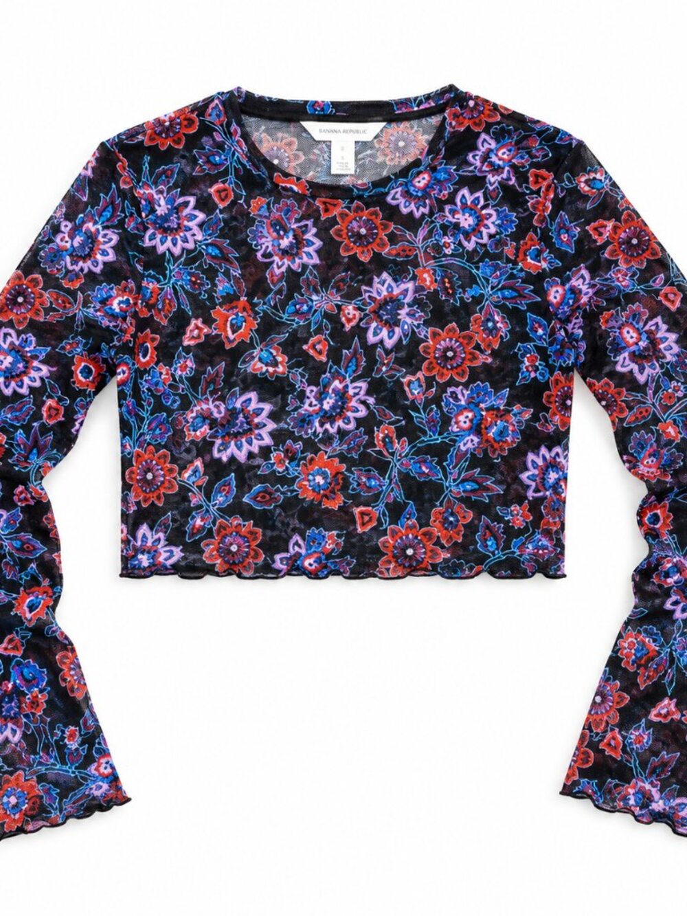 Banana Republic Women’s S Floral Sheer Mesh Bell Sleeve Crop Top